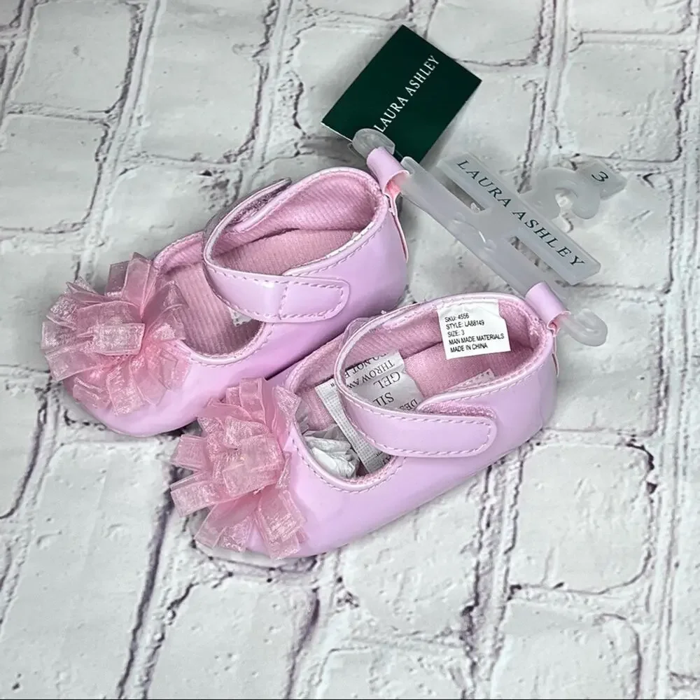 Laura Ashley Baby Girl Flower Jewel Crib Style Pink Shoes Sz 3